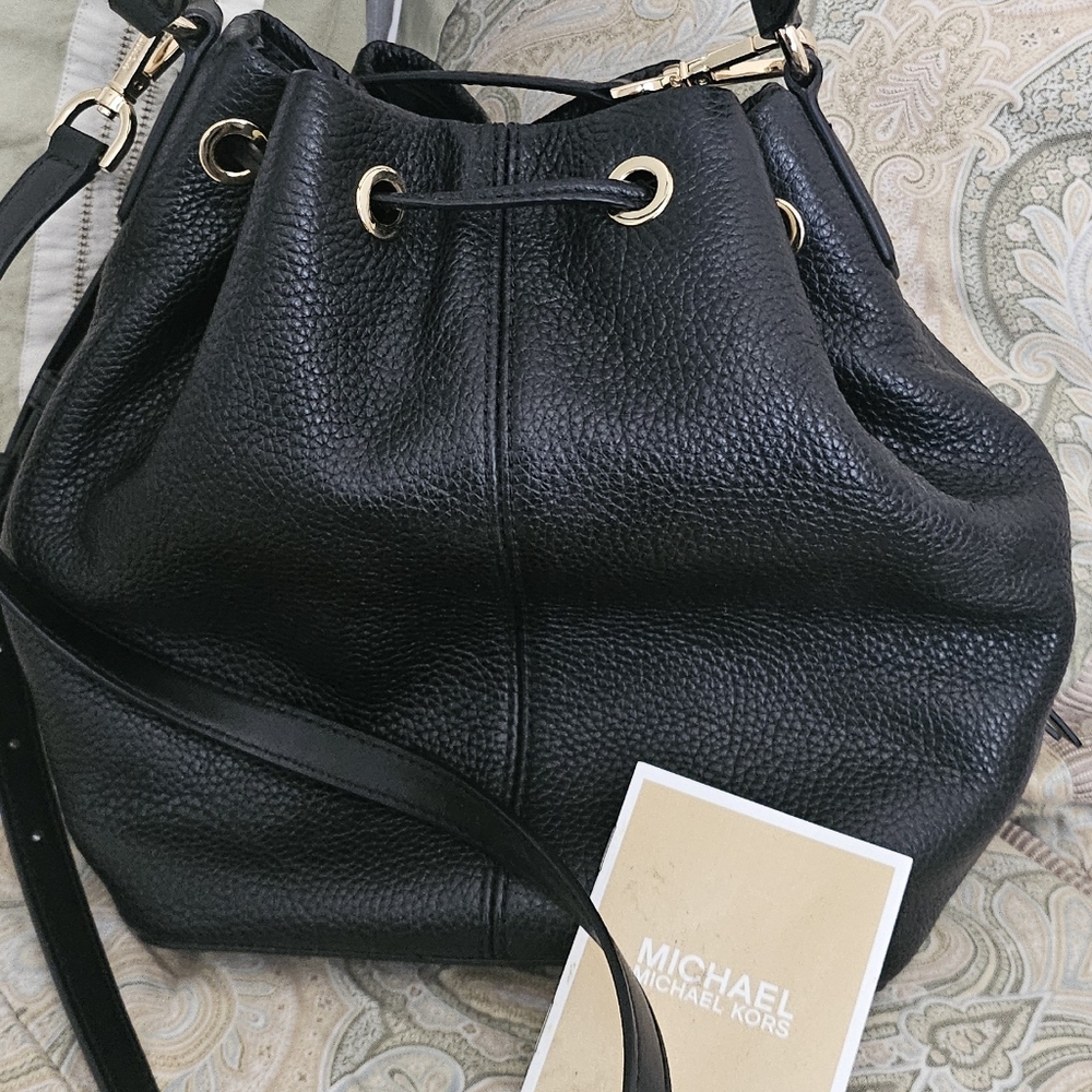 Michael Kors Black Leather Satchel with Gold Accents